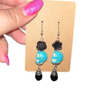 Turquoise Skull and Black Roses Earrings NWT
